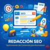 Ilustración sobre redacción SEO con pantalla de ordenador, buscador, gráficos, lápiz y elementos de posicionamiento web.