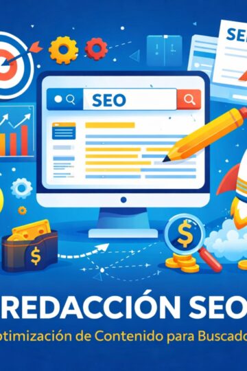 Ilustración sobre redacción SEO con pantalla de ordenador, buscador, gráficos, lápiz y elementos de posicionamiento web.