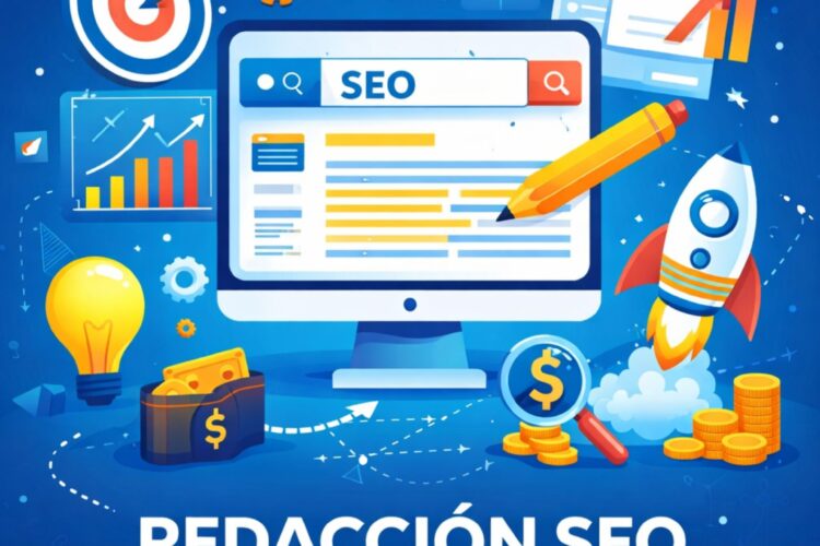 Ilustración sobre redacción SEO con pantalla de ordenador, buscador, gráficos, lápiz y elementos de posicionamiento web.