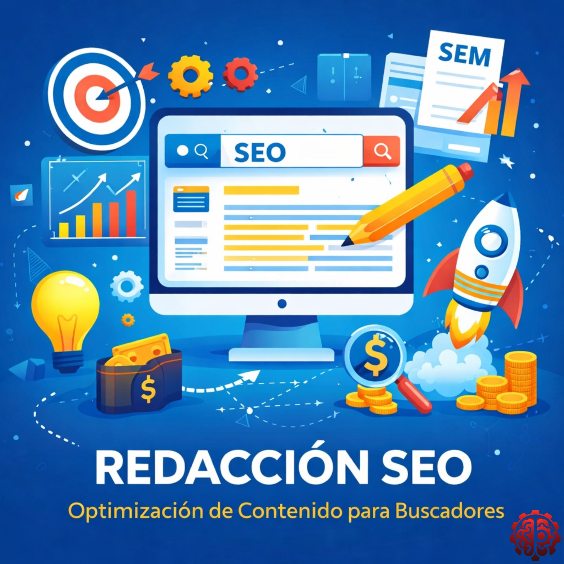 Ilustración sobre redacción SEO con pantalla de ordenador, buscador, gráficos, lápiz y elementos de posicionamiento web.
