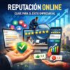 Ilustración sobre la reputación online de una empresa con reseñas, valoraciones y redes sociales.