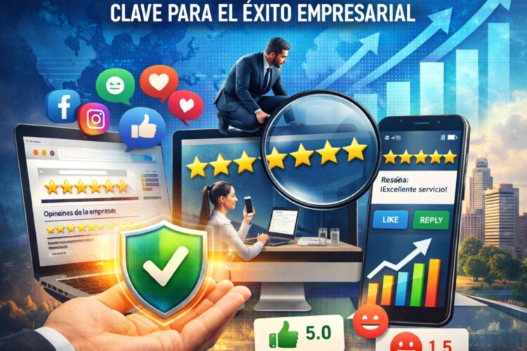 Ilustración sobre la reputación online de una empresa con reseñas, valoraciones y redes sociales.